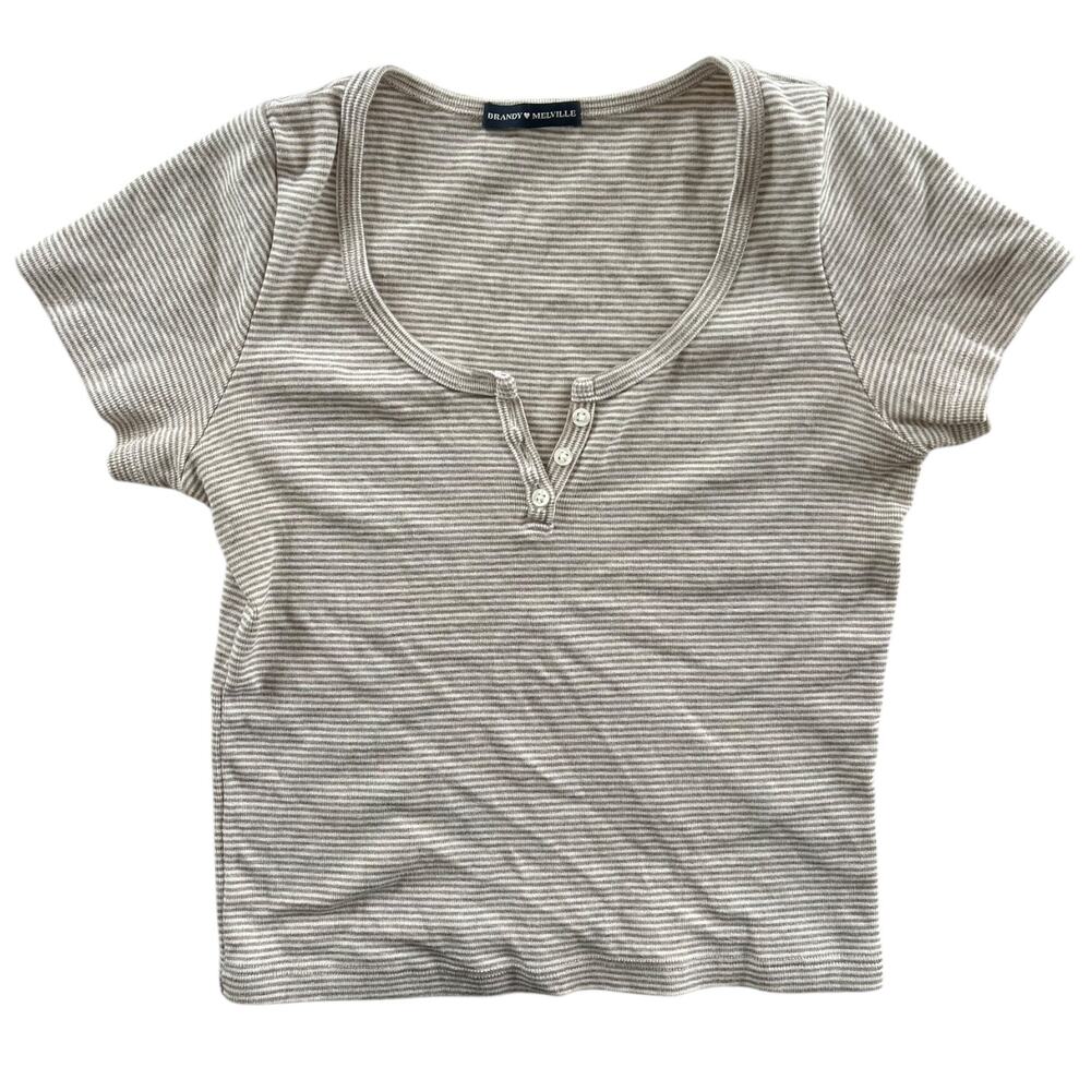 Brandy Melville Beige Striped Henley Top Short Sleeve One Size - Picture 1 of 4